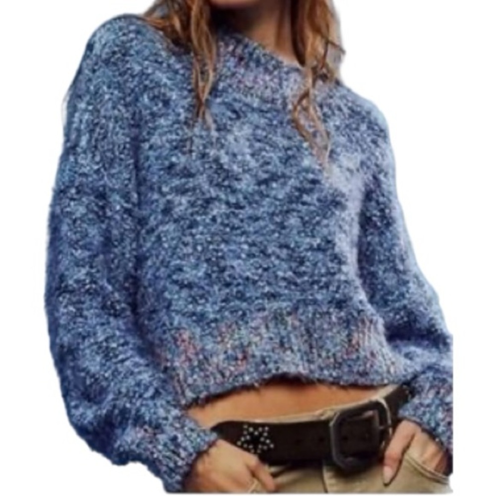 Free People We The Free Confetti Textured Blue Knit Pullover Sweater Sz S/P Boho